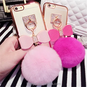 Cute 3D Bunny Hair Fluff Pompom Keychain Fur Phone Case Back Cover For IPhone 5 5S 6 6S Plus 7 7 Plus cases shell bag