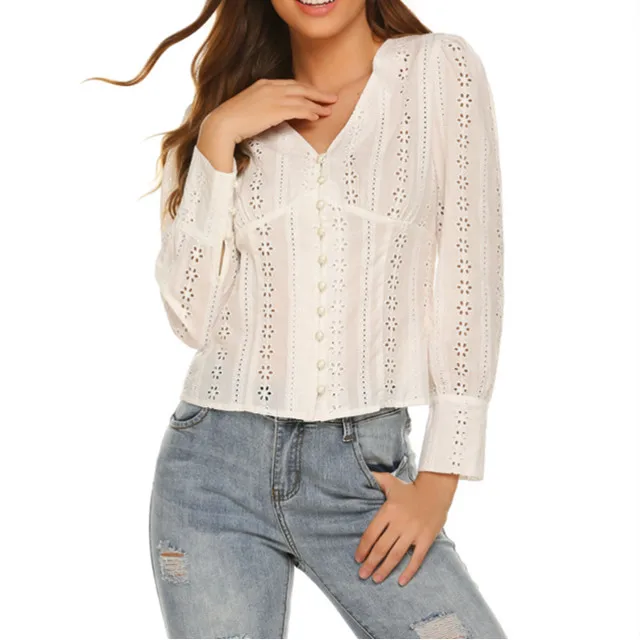 Blusa Ajustada De Algodón De Manga Larga Con Cuello En V Y Cintura Ajustada  Para Verano - Buy Tops Y Blusas Semi Formales Para Mujer,Tops Biouse De Un  Solo Pecho,Blusa Blanca De