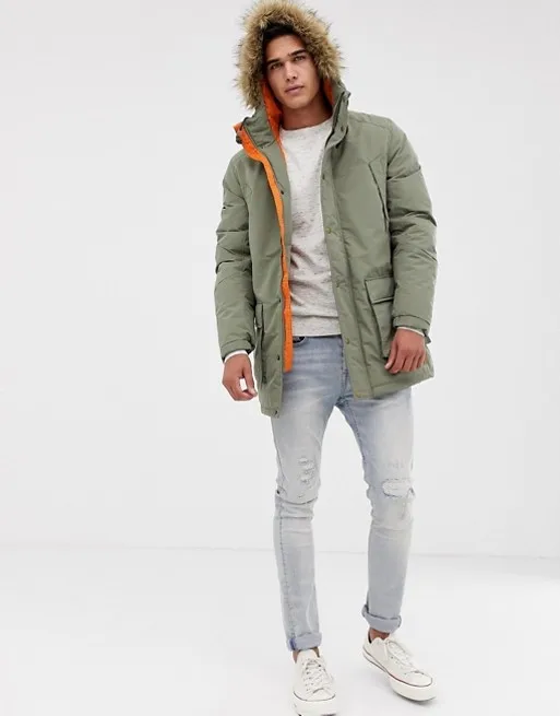 KY Waterproof Functional Pockets Contrast Lining Removable Hood Parka Jacket Outdoor With Faux Fur Hood Jaket Winter Men
