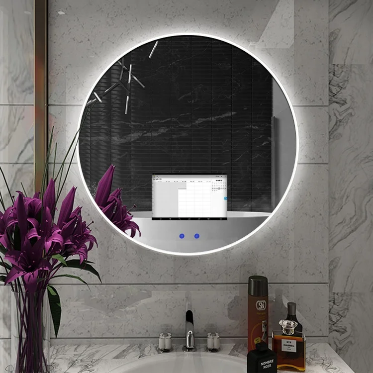 Round Shape Wall Mounted Led 4mm Silver Touch Screen Smart TV Mirror Android System