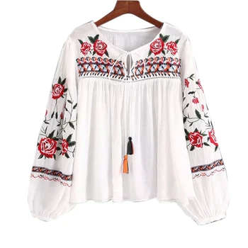 Floral Design Loose Shirt Fashion Blouse Women Opening At Ties Embroidered Chiffon Blouse