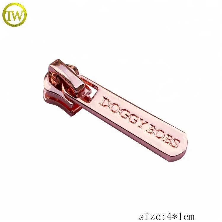 Custom Rose Gold Auto Lock Zipper Puller Engraved Logo Metal Fastener for Handbags Garments Zip Slider Customizable Brand Color