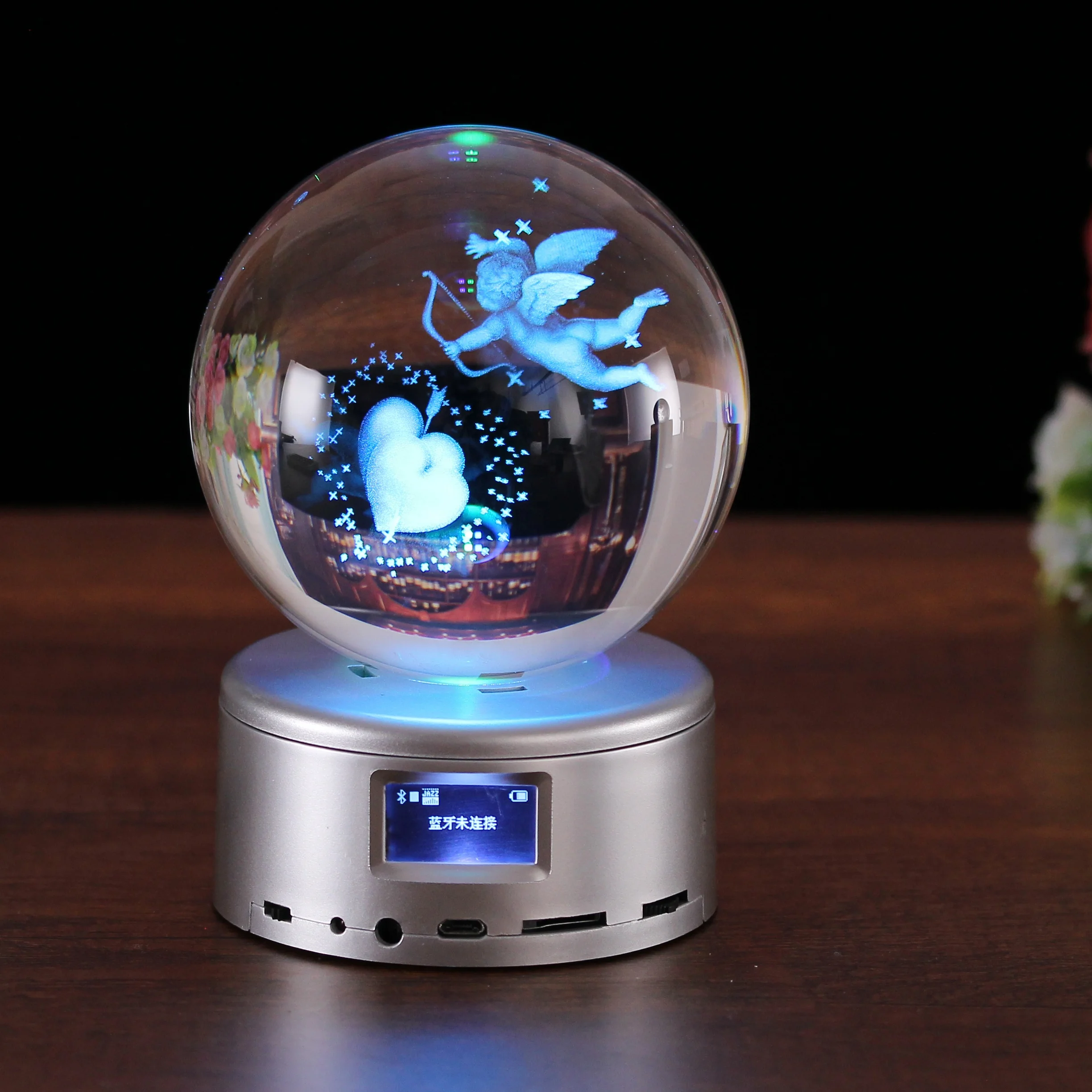 3D Laser Engraved Clear Color MP3 Led Base Crystal ball for Wedding Love Souvenirs crystal glass ball