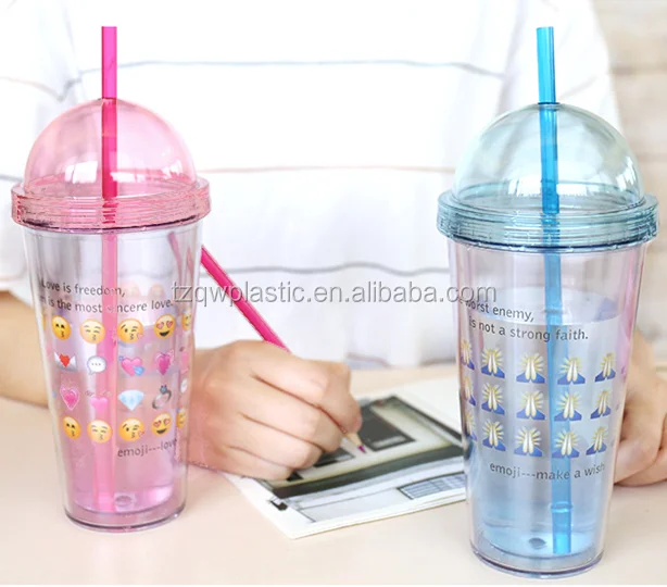 Двухстенная купольная пластиковая чашка с соломинкой, разные цвета