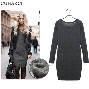 CUHAKCI Fashion Plus Velvet Solid Color Winter Sexy Warm Dresses Soft Wool Dress Long Sleeve Black Line Vestido Clothes Women