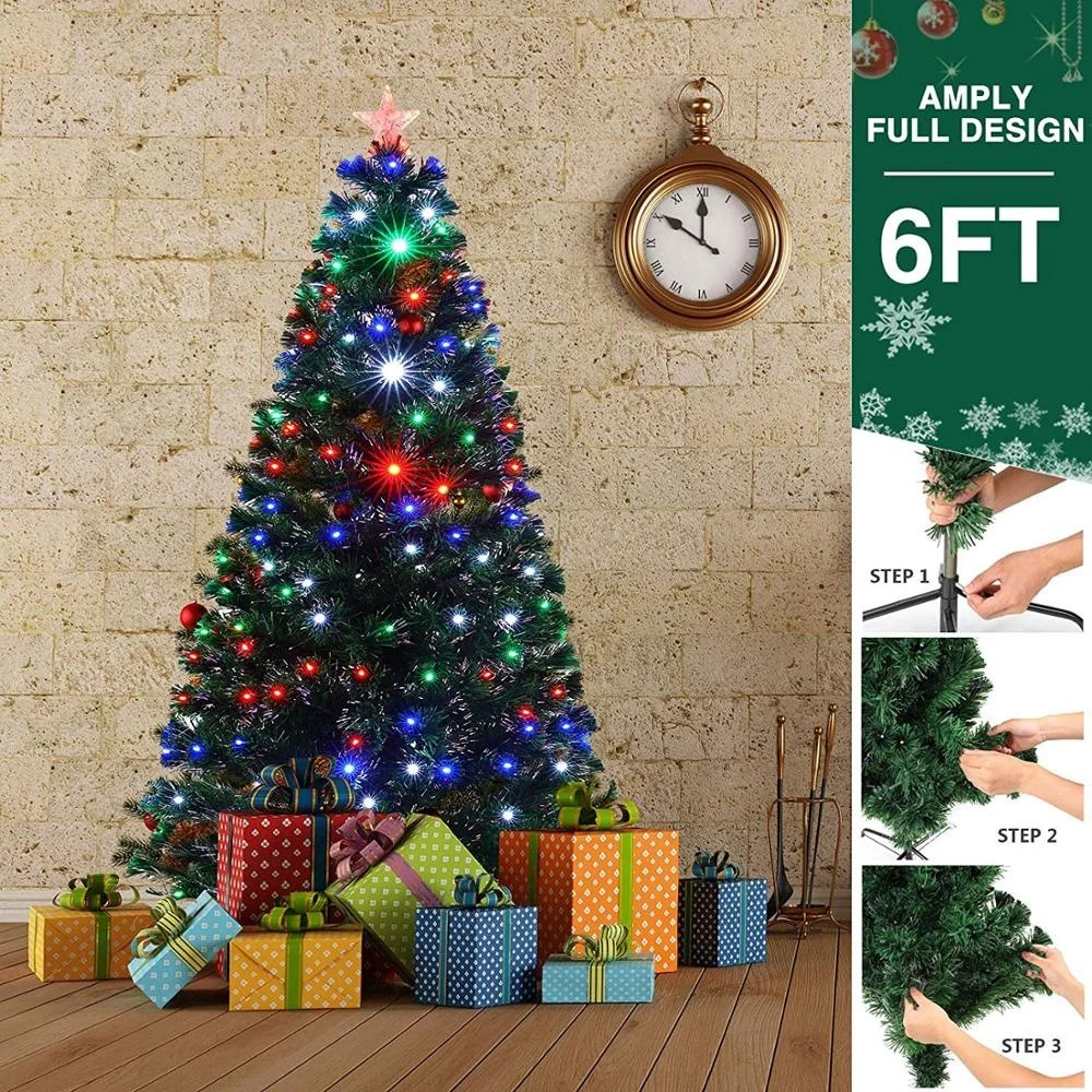 6ft Green Artificial Fiber Optical Christmas Trees With Flashing Led,Hinged 230 Branches Tips