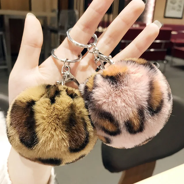 Fluffy Leopard Print Heart Keychain Pompom Rabbit Fur Ball Key Chains Car Bag Keyring