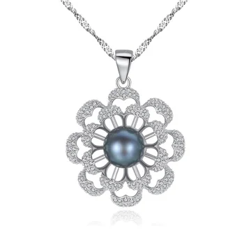 CZCITY Natural Freshwater Cultured Black Pearl Pendant Necklace Women Flower Shape 925 Sterling Silver Necklace