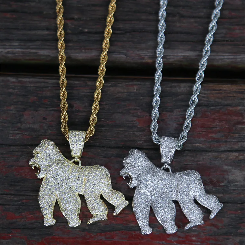 14K Gold Plated Micro Paved Lab Diamond Bling HipHop Jewelry King Kong Roar Gorilla Pendant Necklace for Men