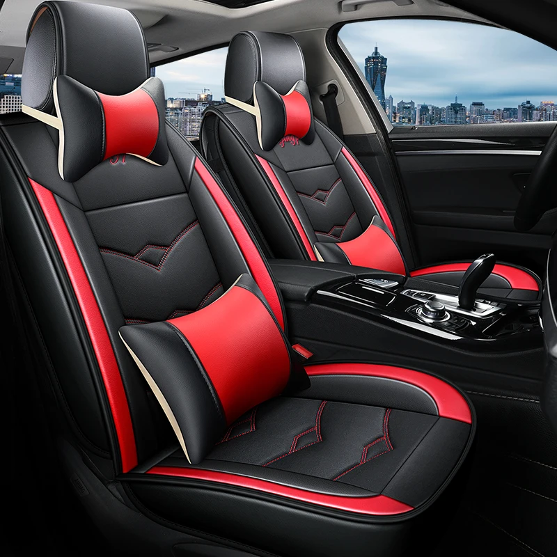 PU Leather Sweat Car Seat Cover Seats Full Set Car Seat Cover Black Fine  Needlework Red Line Stitching - Main Image