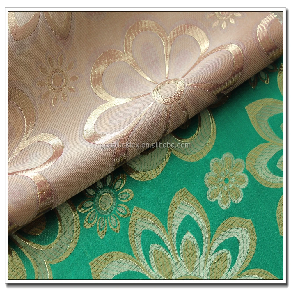 Зеленая хромированная золотистая металлическая полиэфирная нейлоновая жаккардовая ткань