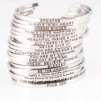 New Silver Stainless Steel Bangle Engraved Positive Inspirational Quote Hand Stamped Cuff Mantra Bracelets For Women