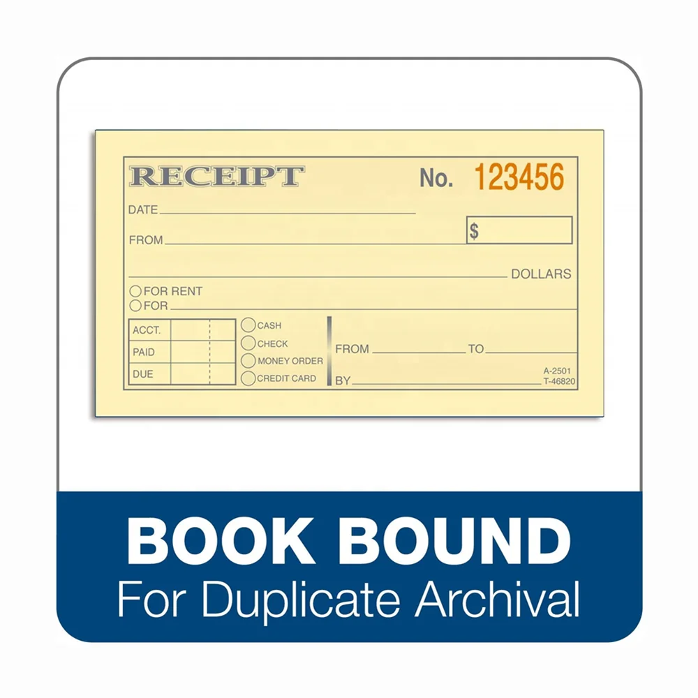 Custom Money Receipt Book 2-Part Carbonless 2 5/8 X 5 3/8 Inches with 50 Sheets White and Canary for Hotel