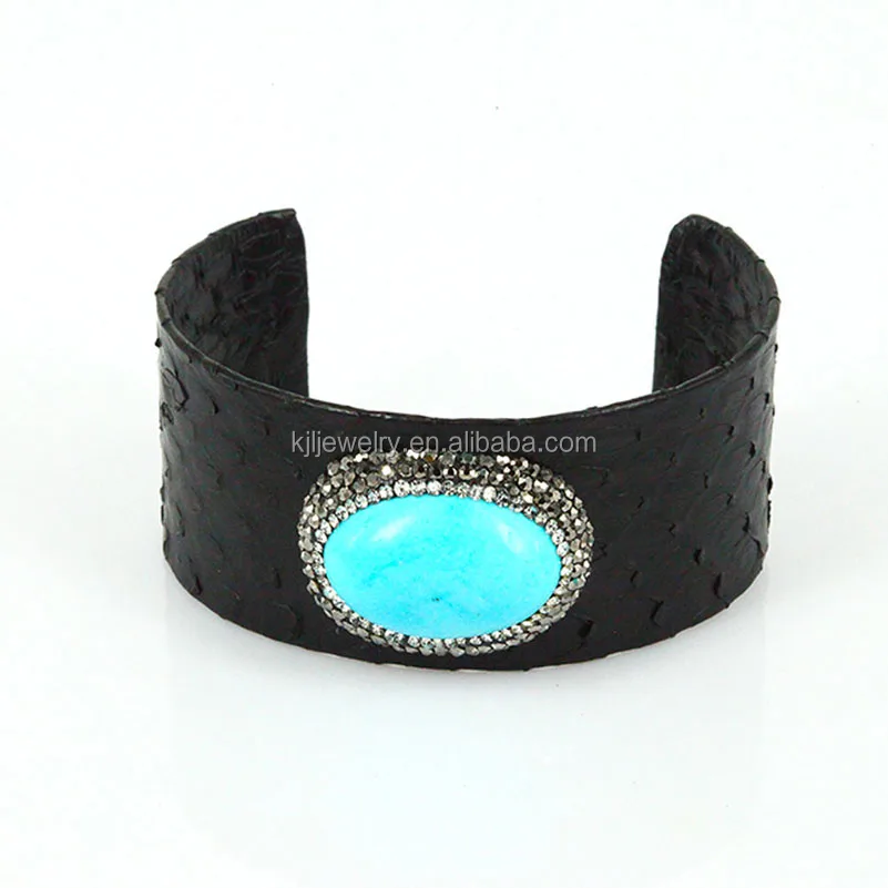 Bohemia Pave Rhinestone Green Turquoise Cuff Bracelet Bangle With Snake Python Skin Pattern Leather Open Bracelets for Women