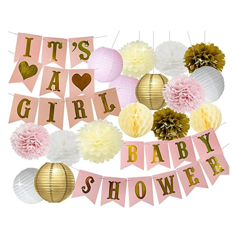 Baby Shower Decorations Girl Birthday Decorations It's A Girl & Baby Shower Letter Banner Pink Gold Tissue Pom Poms And Lanterns Set Of 22pcs 