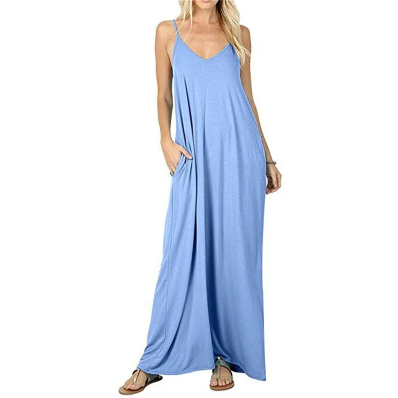 Summer Loose V-neck Maxi Dress With Spaghetti Straps & Pockets| Min Order 5 ct