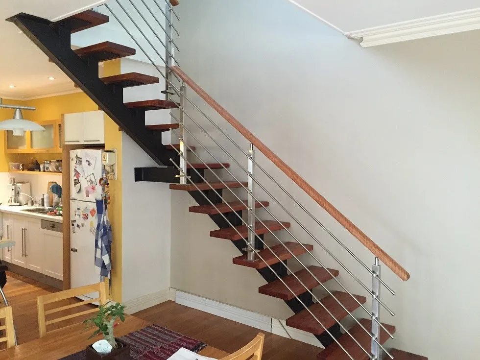 L Shape Double Stringer Wood Treads Straight Stairs With c Beam Stringer and Wire Railing Staircase