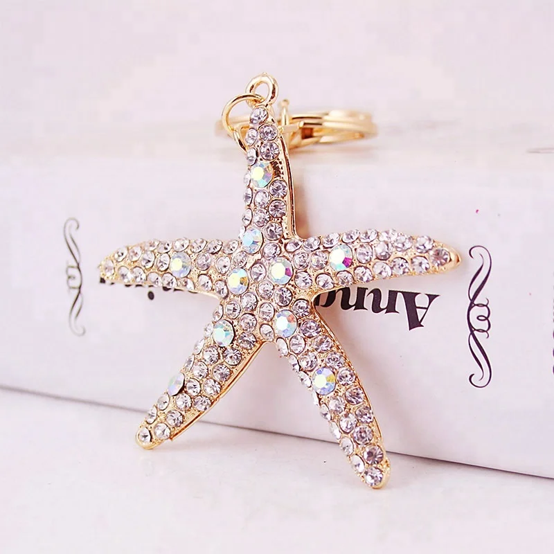 Diamantes de imitación colgante estrellas de mar llaveros bolso decoración Key Rings de aleación de cristal clave encadena el tenedor Mengonee 