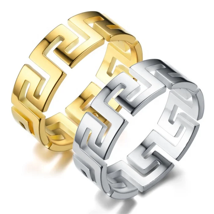 Hotsale Item Vintage Greek Key Pattern 18k Gold Plated Cheap Wholesale Stainless Steel Hollow Greek Key Eternity Band Ring