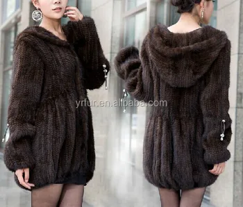 YR784 New Fashion Knit Pattern Real Mink Fur Coat Women Girls Hooded Fur Coat Mink