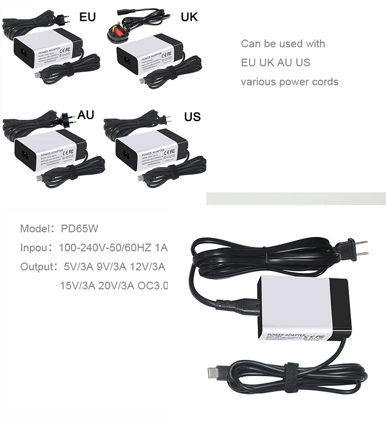 IEC C14 Inlet 5V 9V 12V 15V 3A 20V 2.25A 45w 65w Type C PD 65W QC3.0 Type-C Charger Adapter Power Charger 7