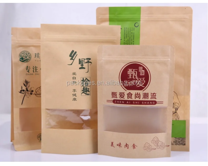 Customize Kraft Stand up Zip Pouch Brown Doypack Kraft Paper Bags Dried Food Packaging Bag with Different Design