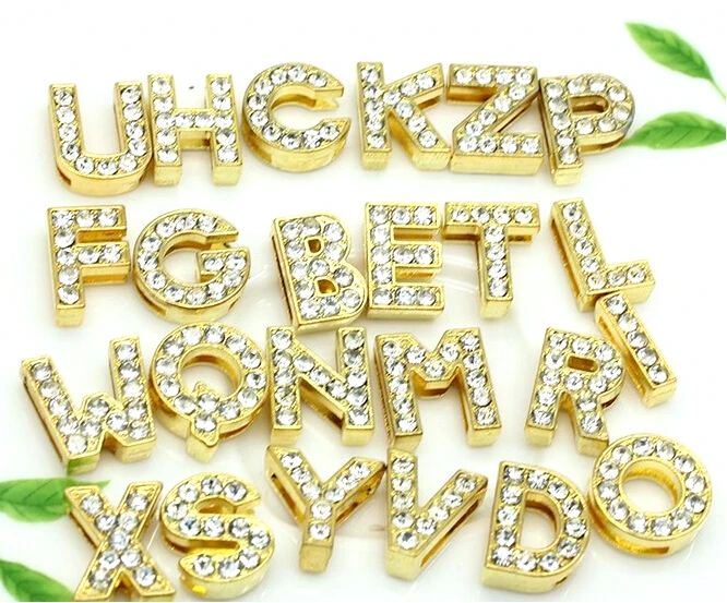 8mm gold letters with half rhinestone wholesale jewelry findings slide  charms -LSSL35