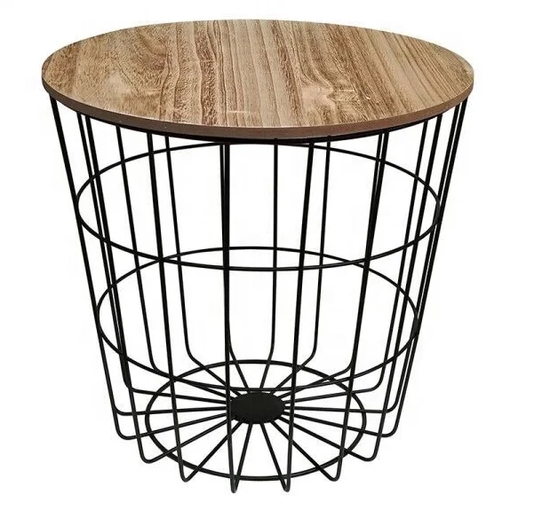 Wholesale Retro Metal Wire Round Wood Top Storage Table Basket Home Furniture