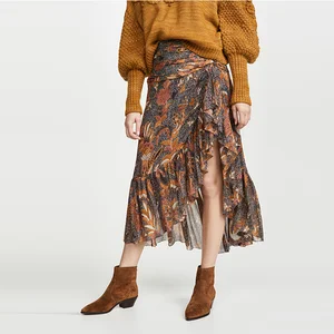 Sweet Crepe Chiffon Floral Print  Asymmetrical Flounce Hem Ruffled Skirt Women Daily Wear Girl