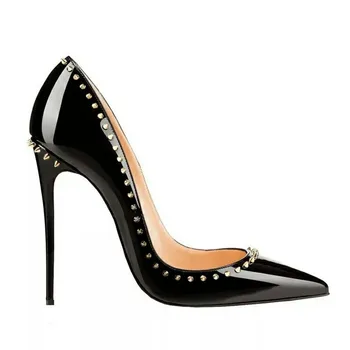WETKISS Latest Trend Pointed Toe Rivets Pumps High Heels Shoes Slip On Solid PU Patent Leather Stiletto Heels High Dress Shoes
