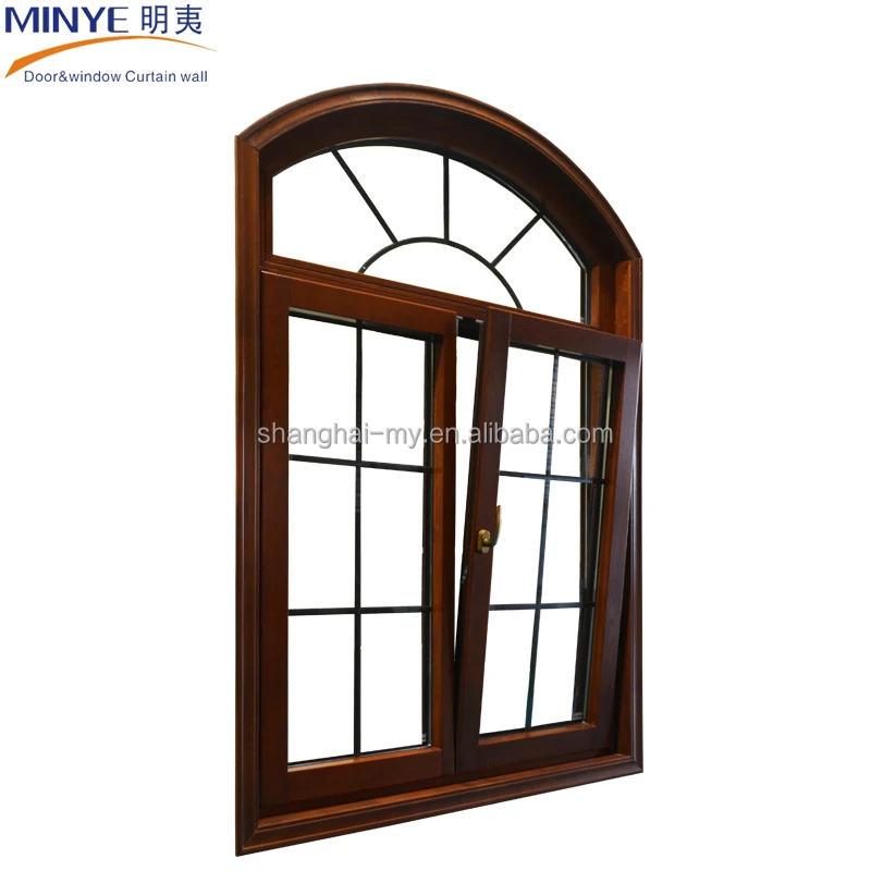 Classical Design Arch Grill Design Aluminum Casement Window Wooden Grain for House