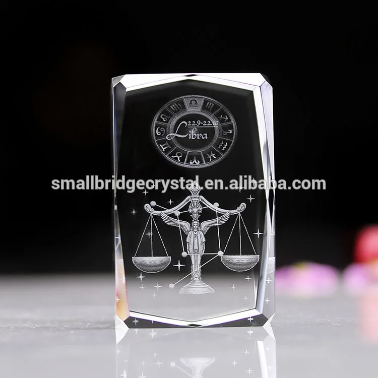 Cubo de cristal grabado con láser en 3D del signo del zodíaco Libra para regalos de recuerdo y recuerdos festivos