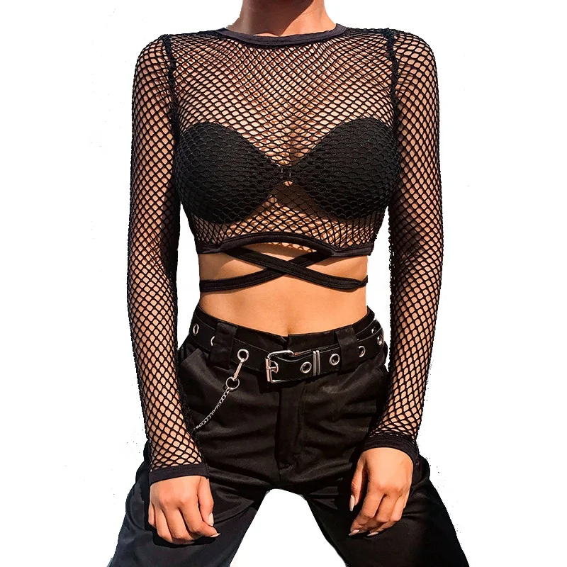 Ladies Sexy Black Fishnet Long Sleeve 
