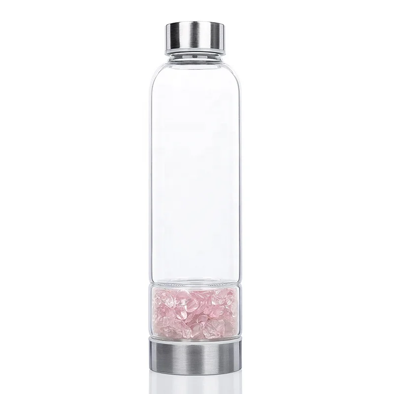 Botella de agua de cristal de cuarzo rosa, cristal rosa, reutilizable, gema  de cristal, botella de agua curativa, punta de varita de cristal, botella