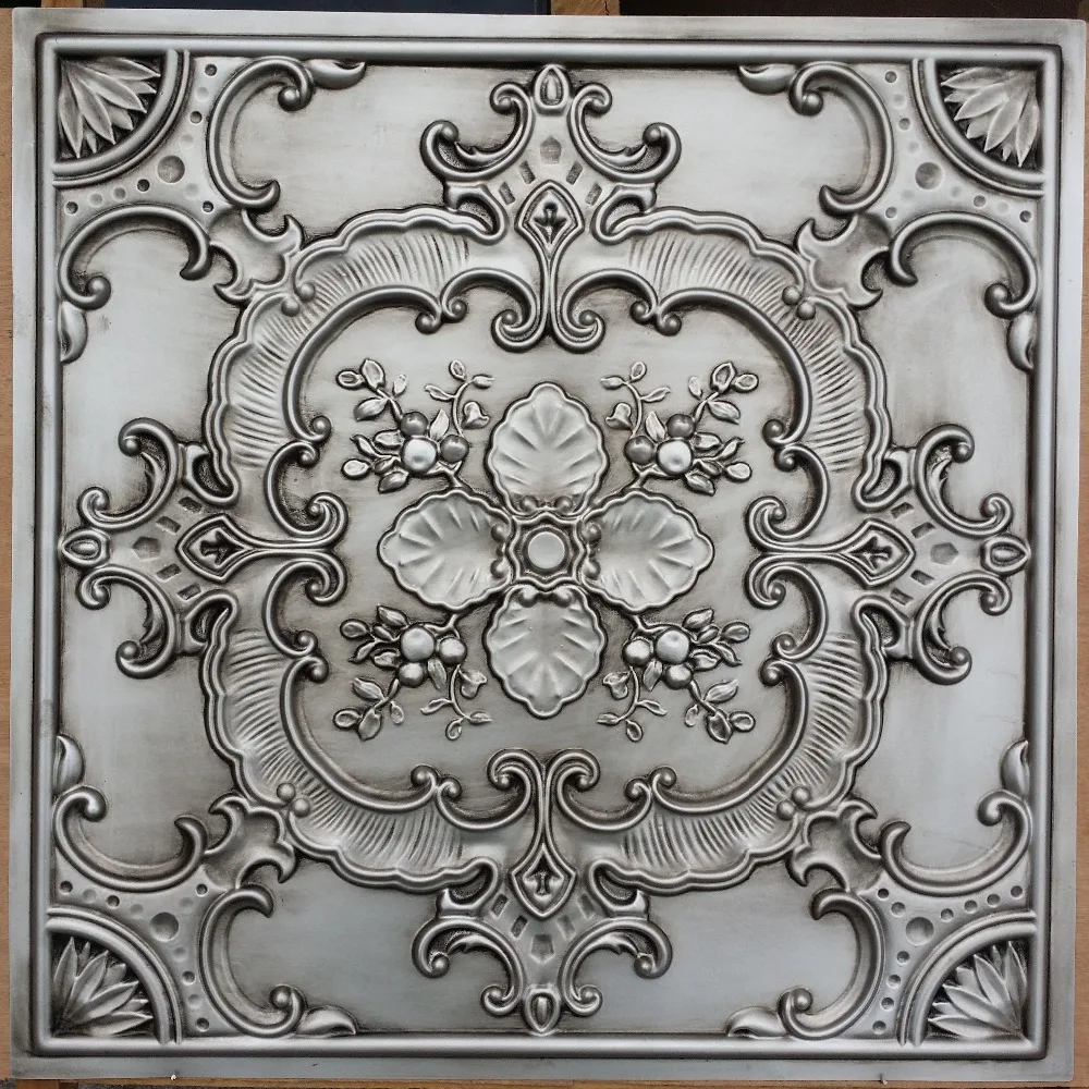 PL19 Faux tin finishes 3D plastic emboss metallized antique silver ceiling tiles