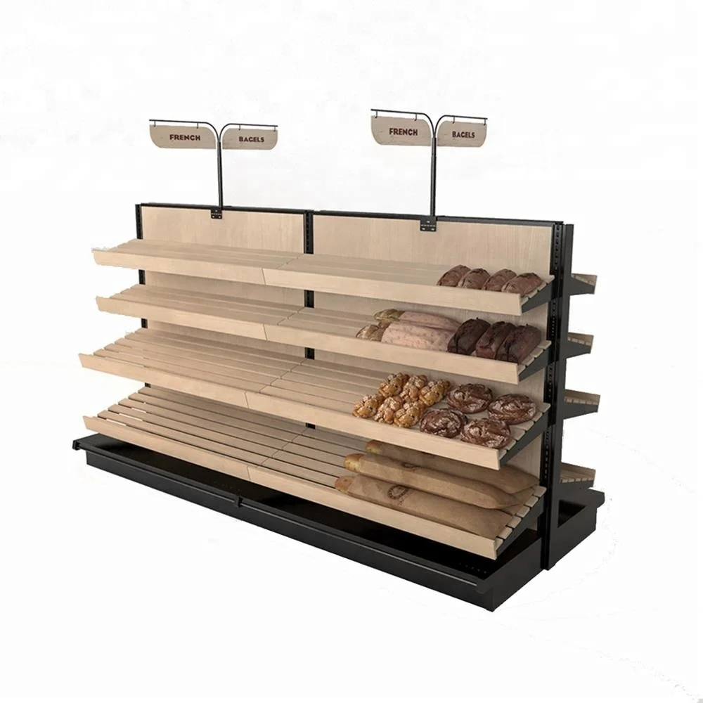 Large Bread Display Rack Metal Base Wood Shelf with Header