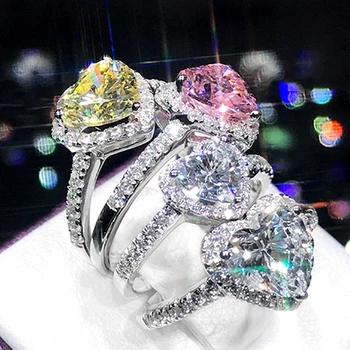 Heart Love Shape White Yellow Full Zircon Rhinestone Princess Engaged Wedding Diamond Rings Women Platinum Plating Ring XEYJZ330