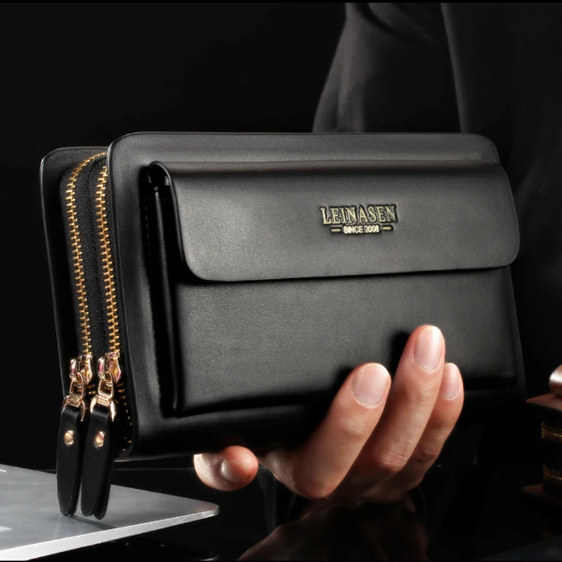 LEINASEN Brand Men Wallet coin pocket zipper Double Zipper Male Wallet long Large Men Purse coin clutch bag black Business