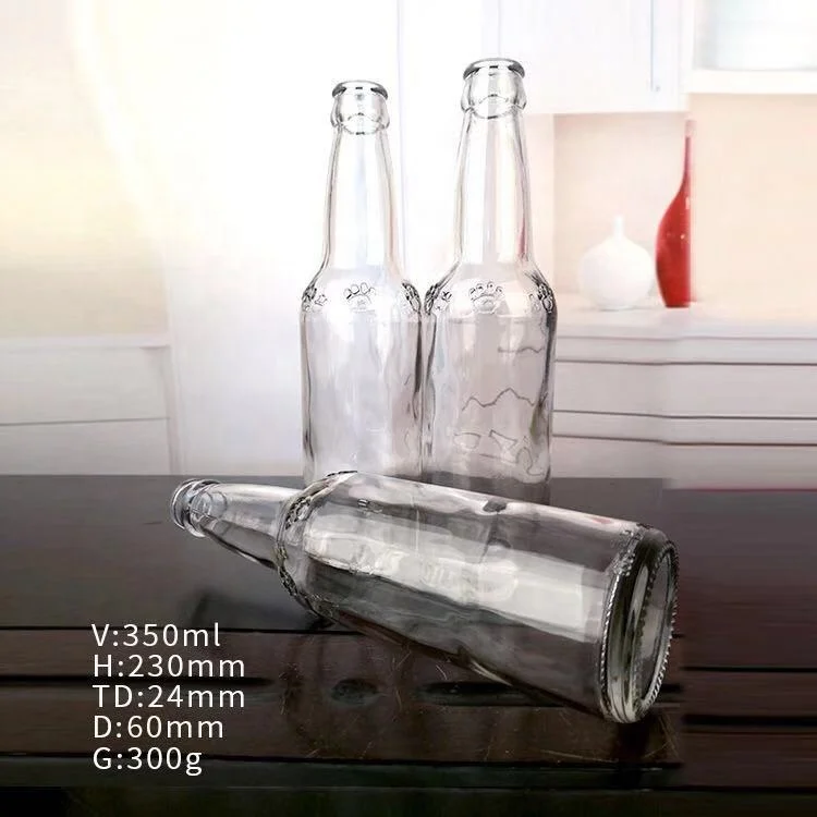 Clear Empty 350ml Glass Beer Bottle Soda  Long Neck  Glass Bottle with Crown Cap