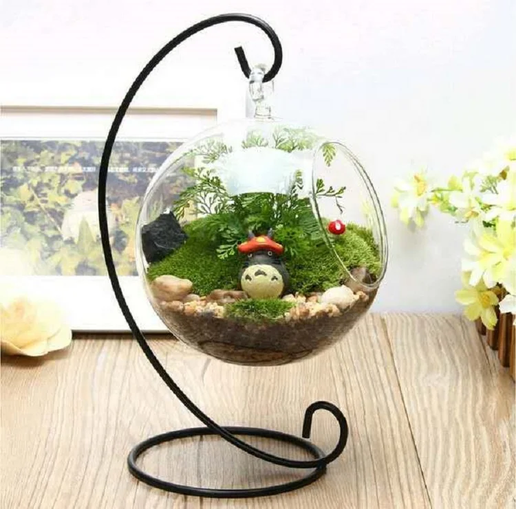 Hanging Glass Flowers Plant Vase Terrarium Container With Iron Stand