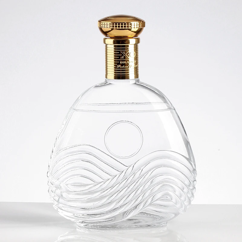 Fashion Design Exquisite Emboss 750ml New Alcohol Glass Bottle With Caps