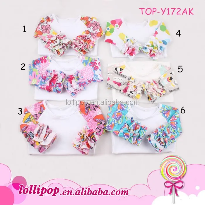 
 Лидер продаж, из искусственного меха, для малышей, 3 / 4 рюшами одежда для детей оптовая продажа высококачественных печатных, с оборками и блестками, с рисунком в виде клевера-рукав реглан 95% хлопковая футболка  