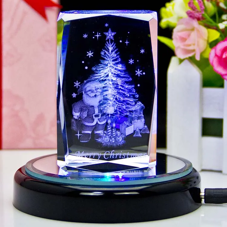 Christmas Tree 3d Crystal Cube Craft Decoration With Led Light Base