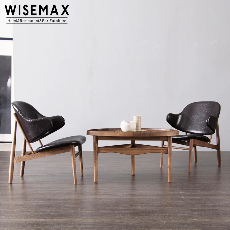 WISEMAX FURNITUREScandinavian Modern Leisure Dining Chair Ib Kofod Larsen Chair Wooden Lounge Chair Leather Seat Solid Wood Legs