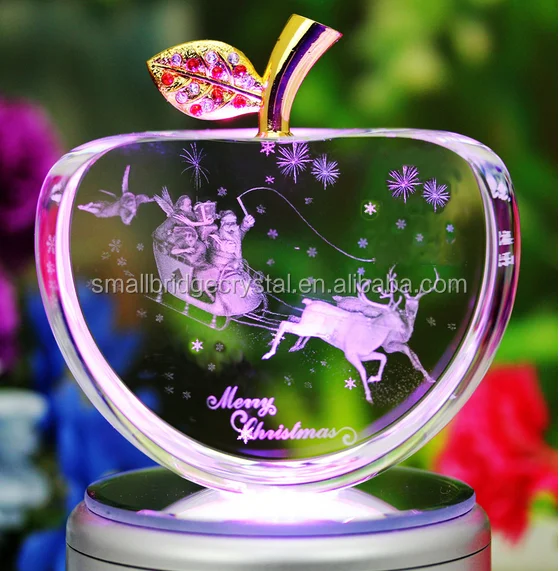 crystal apple 3d laser engraved with led light base christmas gift