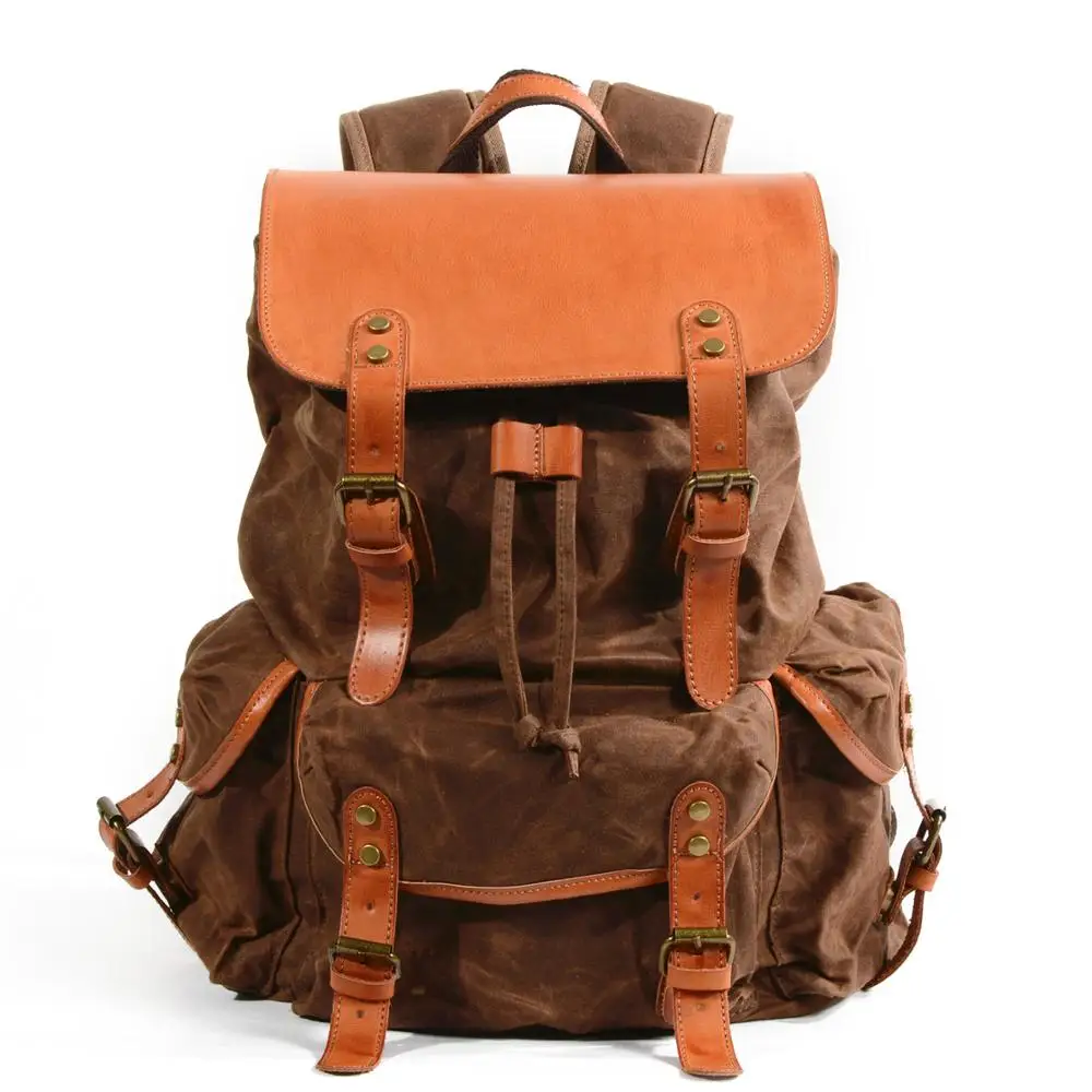 Men's waterproof waxed canvas stitching color leather outdoor rucksack laptop large capacity casual rucksack