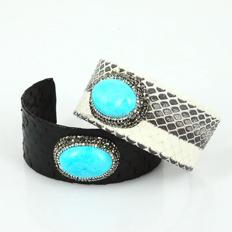 Bohemia Pave Rhinestone Green Turquoise Cuff Bracelet Bangle With Snake Python Skin Pattern Leather Open Bracelets for Women