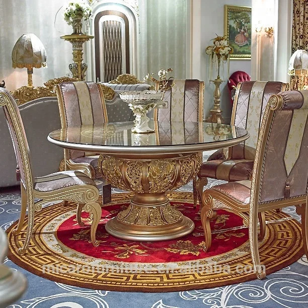 Hot Sale Antique Gold Finished Baroque Solid Wood Furniture Round Dining Table With 6 Chairs Buy Round Dining Table With 6 Chairs Solid Wood Round Dining Table Baroque Round Dining Table Product On
