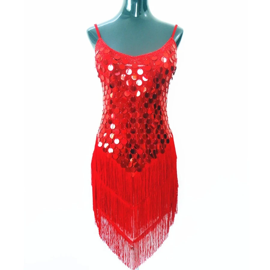 Discount Hot Sale Sleeveless Stage Red Tassels Sequins Adult Dance Wear