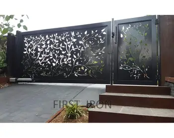 Black Laser Cut Wrought Iron Single Driveway Gate Automatic With A ...